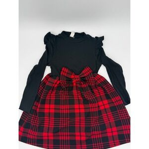 SHEIN Kids Girls Red Black Buffalo Plaid Long Sleeve Bow Ruffle Dress Size 7Y